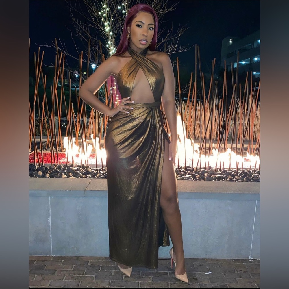 House of CB metallic Brown high slit gown